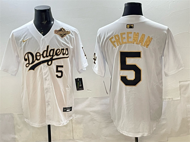 Men's Los Angeles Dodgers #5 Freddie Freeman White Gold 2025 World Series Limited Stitched Baseball Jersey Men's Los Angeles Dodgers #5 Freddie Freeman White Gold 2025 World Series Limited Stitched Baseball Jersey